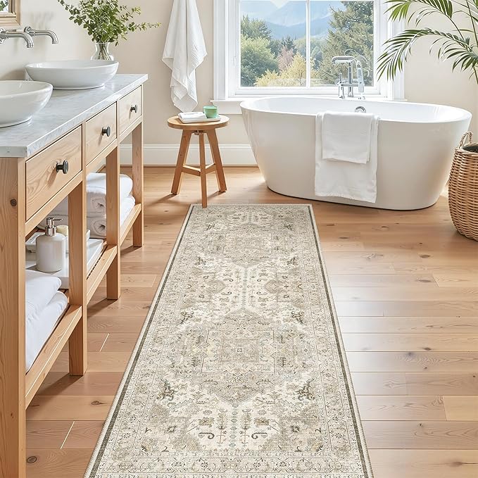 Madane Washable Runner Rug 2x6, Ultra-Thin Non-Slip Non-Shedding Hallway Runner, Stain Resistant Kitchen Mat Entryway Carpet Runner, Vintage Pet Friendly Low Pile Runners (2x6ft, Ivory/Brown)