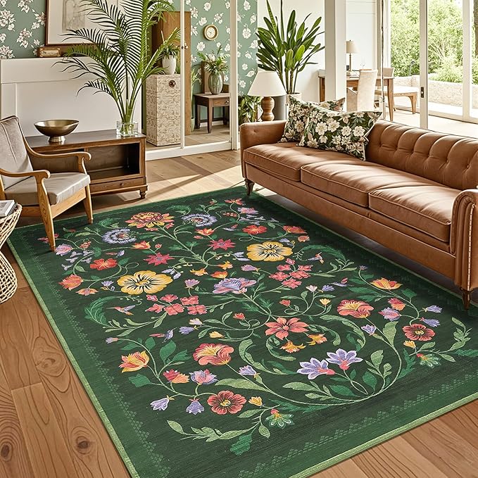 Washable Rug 9x12 Area Rugs for Living Room, Protea Floral Rug for Bedroom, Soft Vintage Non Slip Throw Rugs with Rubber Back, Low Pile Stain Resistant Boho Floral Carpet for Dining Room, Forest Green