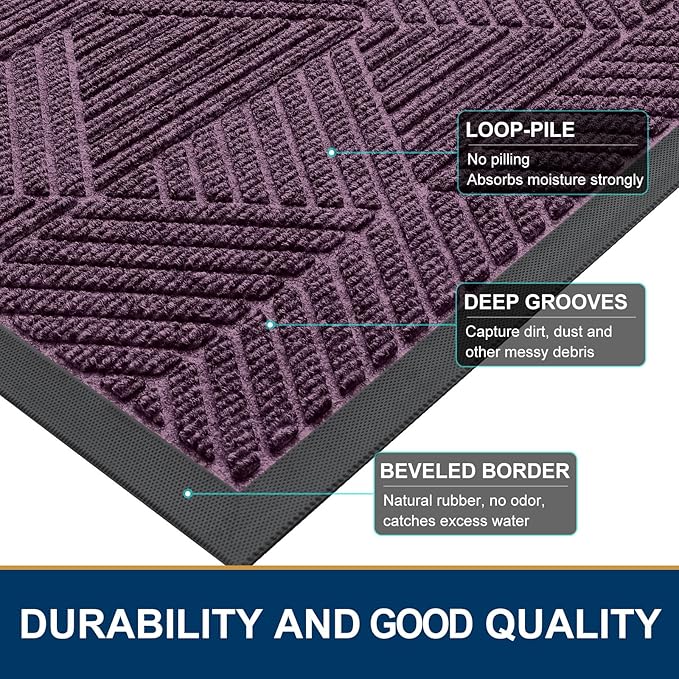 Smiry Front Door Mat Outside Entrance, Heavy Duty Sturdy Natural Rubber Doormat, Trap Dirt and Moisture, Easy Clean Low Profile Mats for Indoor Outdoor Entry, Irregular Triangle (47x32, Purple)