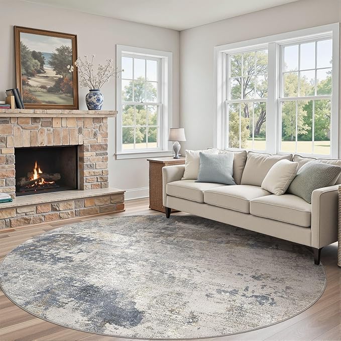 10ft Round Area Rug Living Room Rugs - 10x10 Washable Large Neutral Modern Abstract Soft Thin Rug Indoor Floor No Slip Rug Carpet for Bedroom Under Dining Table Home Office Decor - Blue Grey