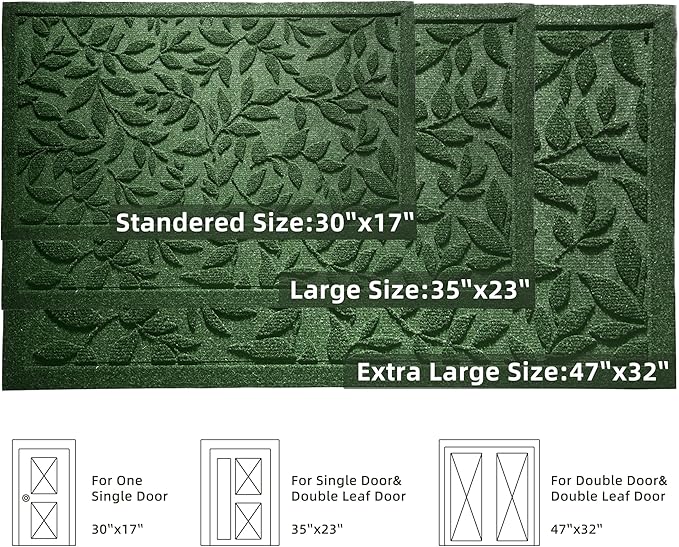 Green Leaves Outdoor Indoor Entrance Door mat, Absorbent Durable Heavy Duty Welcome Front Door Mat,Thick Natural Rubber Back,Easy Clean Entryway Mat 47x32 Inch, Low Profile