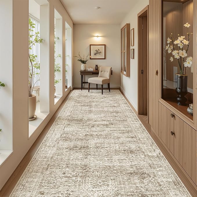 4x12 Wide Hallway Runners: Washable 12ft Runner Rug for Entryway Living Room Soft Vintage Non Slip Carpet Runner for Kitchen Dining Room Nursery Bedroom (Brown, 4x12ft)