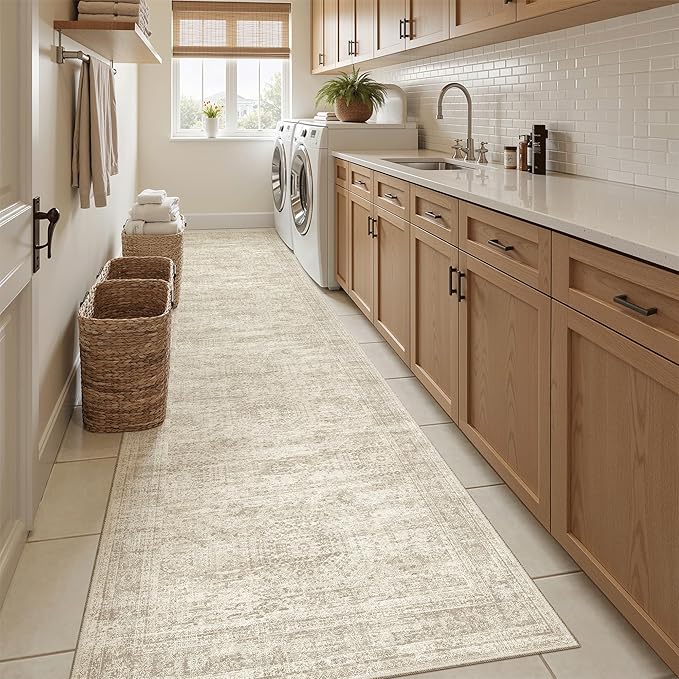 Runner Rug 2'6" x 10' Washable Non-Slip Runner Rugs for Kitchen Bathroom Laundry Room Vintage Ultra Thin Runners for Hallway Entryway Beige