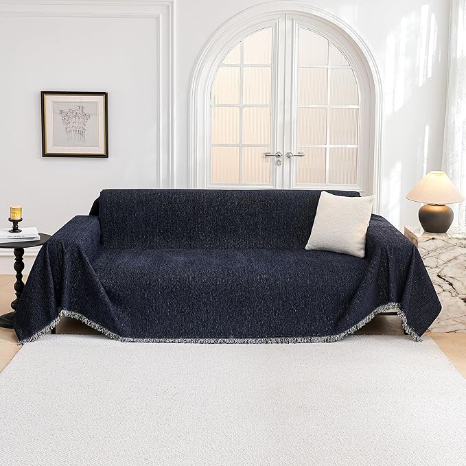 MYSKY HOME Couch Covers - Sectional Couch Covers for Pet Sofa, Non Slip Soft Couch Cover, Washable Furniture Protector with Tassel Sofa Throws, Living Room, 91"x118", Navy Blue
