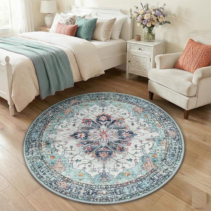 RELEANY Area Rugs 4ft Washable Non-Slip, Floral Vintage Distress Print Pattern Medallion Carpet for Living Room Bedroom Dining Room, Green Navy Blue White Red Teal Colorful