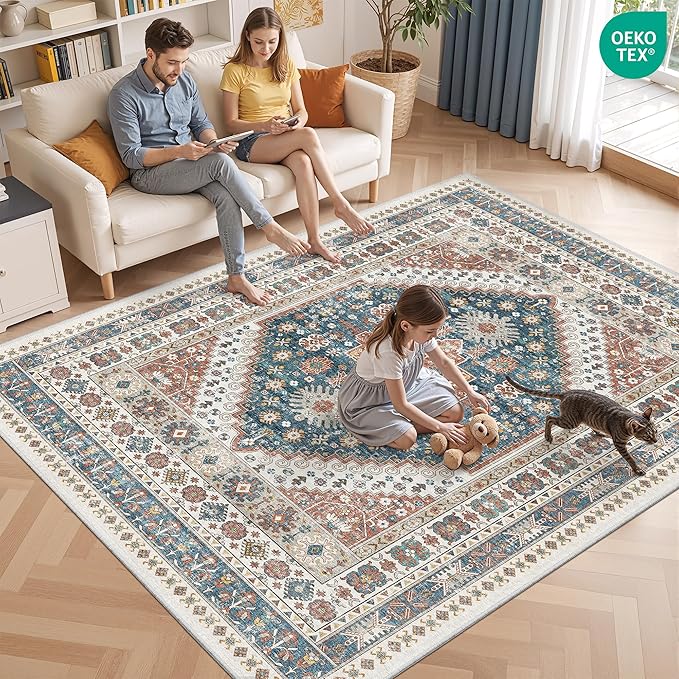 3x5 Washable Area Rug for Entryway, Kitchen Rugs Non Slip for Dining Room, Vintage Floral Soft Living Room Rug, Thin Area Rug Indoor for Bedroom, Kids Room Decor(Blue/Red,3'x5')