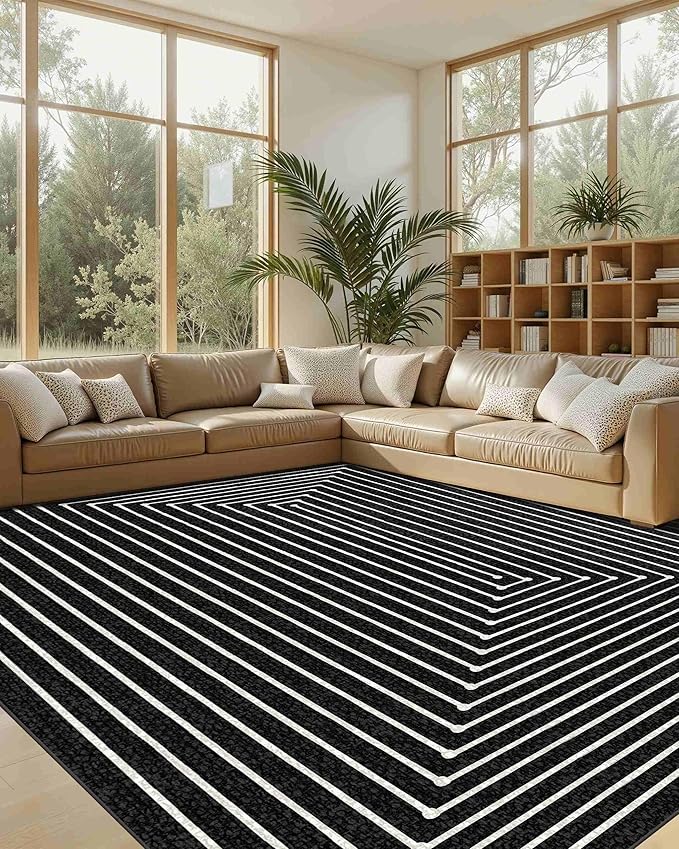 Latte&Fog 9x12 Area Rug for Living Room, Extra Large Black Modern Abstract Washable Rugs, Boho Non Slip Low Pile Carpet for Indoor Bedroom Dining Room, Office, Dorm, Classroom and Farmhouse