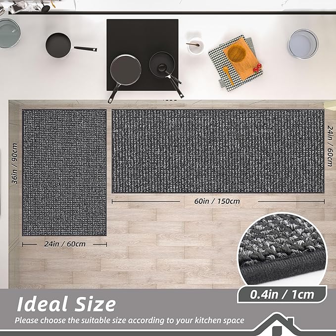 BEQHAUSE Kitchen Rugs and Mats 2PCS, Non-Slip Kitchen Mats for Floor, Absorbent and Stain Resistant Kitchen Runner, Machine Washable Rugs for Kitchen, Laundry & Sink, 24"x36"+24"x60", Charcoal