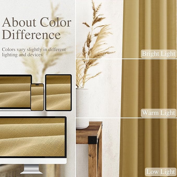 Nanspring Gold Linen Curtains 108 Inches Long for Living Room Bedroom 2 Panels Set Extra Long Back Tab Curtain Light Filtering Sheer Drapes Floor to Ceiling Curtain for Large Windows 52x108