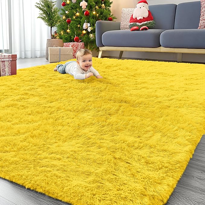 OLANLY 9x12 Machine Washable Large Area Rugs for Living Room, Bedroom, Soft Fluffy Shaggy Bedside Rug, Indoor Floor Carpet for Kids Girls and Boys, Dorms, Nursery, Home Decor Aesthetic, Yellow