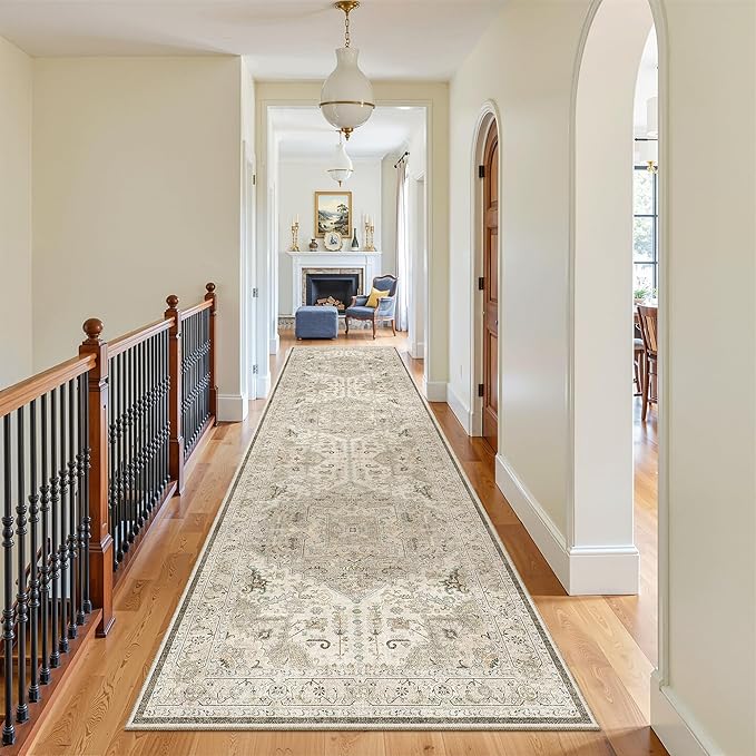 Madane 3x12 Hallway Runner Rug - Non Slip Washable 12ft Runner for Hallways Soft Vintage Kitchen Rugs Low-Pile Carpet Runner for Entryway Bathroom Thin Floor Mat for Bedroom Dining Room, Ivory/Brown