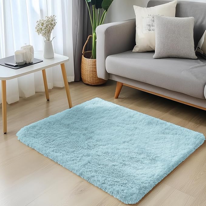 OLANLY 2x3 Machine Washable Small Bedside Rug, Soft Fluffy Shaggy Entryway Throw Rugs for Bedroom, Living Room, Indoor Floor Carpet for Kids Girls and Boys, Home Decor Aesthetic, Light Blue