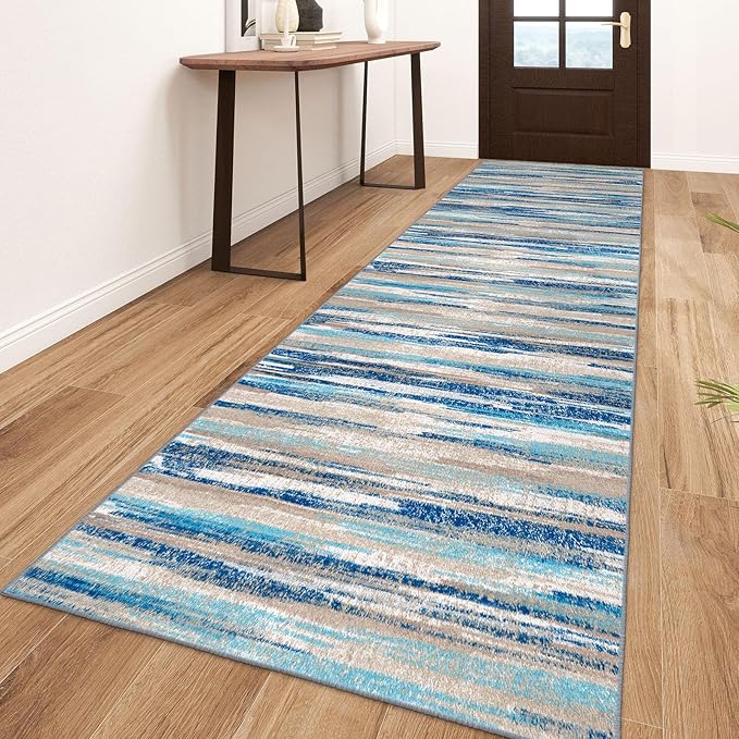 Lansny Modern Abstract Runner Rug 3x10, Blue Washable Kitchen Runner Non-Slip Soft Hallway Rug Runner Thin Print Faux Wool Carpet for Entryway Bedroom Laundry Room Indoor Home Office Decor