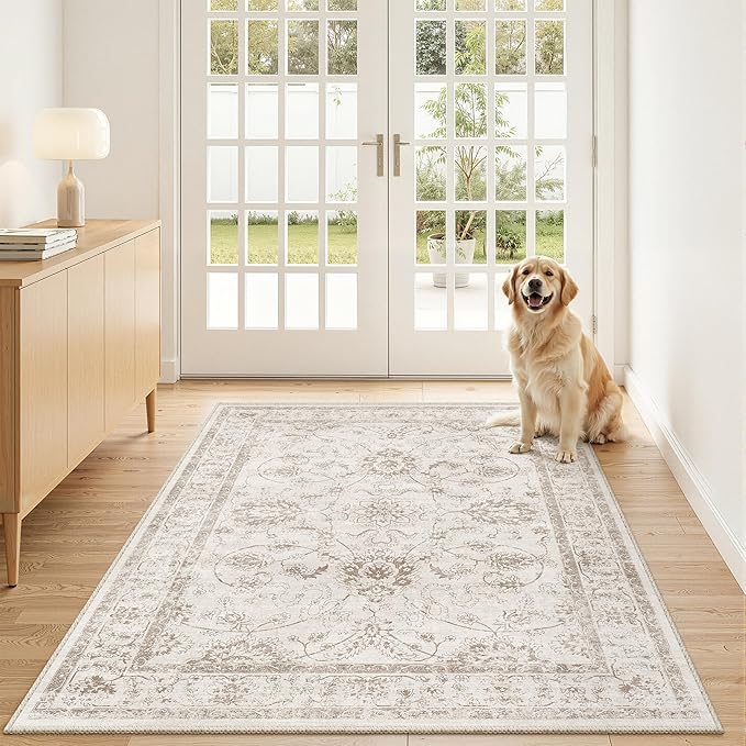 Madane 3x5 Area Rugs for Entryway,Washable Vintage Low Pile Non-Slip Throw Area Rugs, Accent Rug Floral Print Indoor Mat for Bedside Living Room Kitchen Bedroom, Brown/Ivory