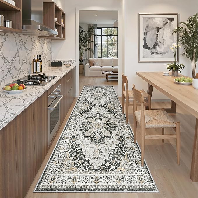 Madane Runner Rug 2'6''x8' Kitchen Runner, Hallway Runner Printed Vintage Washable Rugs Soft Non-Slip Low Pile Runners for Hallways Laundry Room Rug Distressed Rug, Black