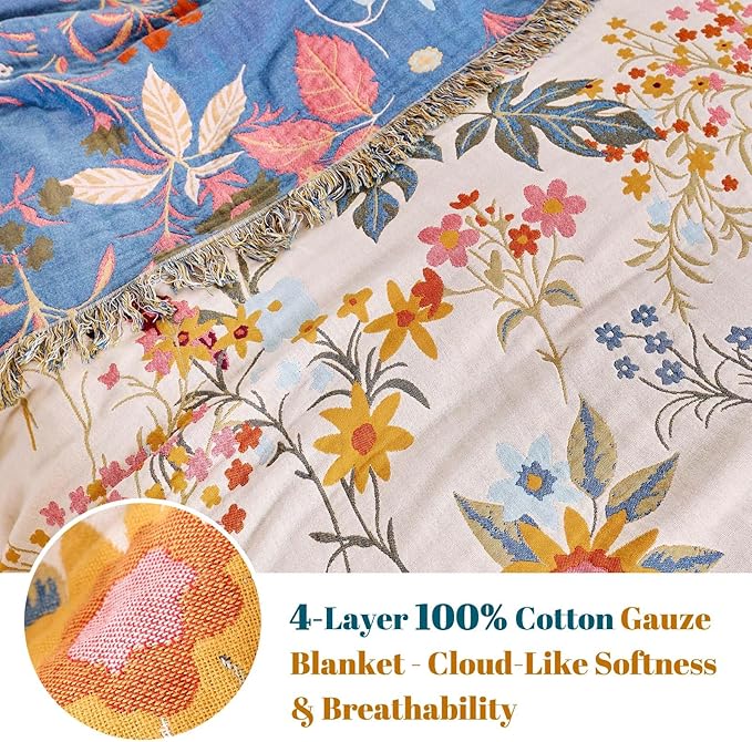 MSGKV Boho Throw Blanket for Couch Chair 100% Cotton Floral Blanket 50"x60" Sofa Blankets Lightweight Farmhouse Muslin Spring Breathable Bed Blankets Home Decor All Seasons