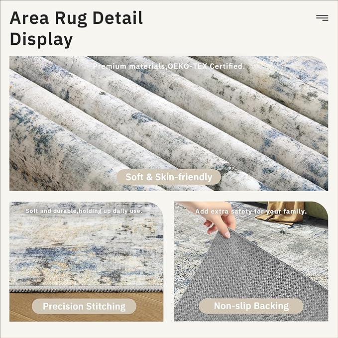 Abstract Rug 5x7 Machine Washable Area Indoor Blue Yellow Low Pile Non-Slip Foldable Thin Accent Rugs for Bedroom Living Room Dining Room