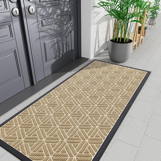 Smiry Front Door Mat Outside Entrance, Heavy Duty Sturdy Natural Rubber Doormat, Trap Dirt and Moisture, Easy Clean Low Profile Mats for Indoor Outdoor Entry, Grid Geometric (71x23, Beige)