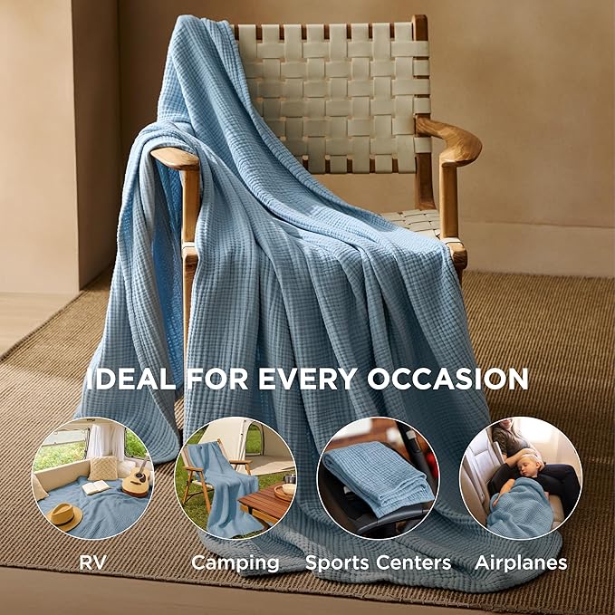 Bedsure 100% Cotton Muslin Blankets for Adults Large Throw 50x70 Inches - 4-Layer Breathable and Lightweight, Soft Boho Gauze Muslin Cotton Blanket for Couch Decor Travel Summer, Blue
