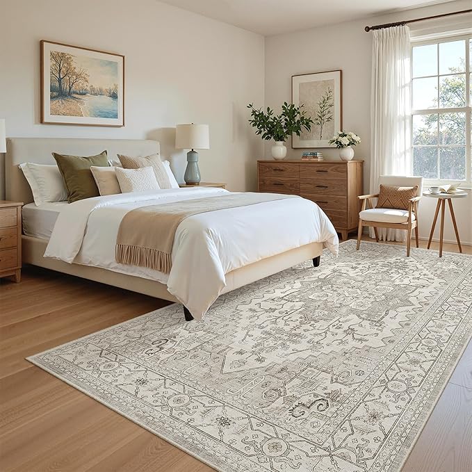 Madane Hallway Runner Rug 4x8 Wide: Washable Thin Runners for Hallways Entry, Non Slip Soft Vintage Kitchen Rugs Low Pile Carpet Runners for Living Room Bedroom Dining Room Foyer (Beige/Brown, 4x8)