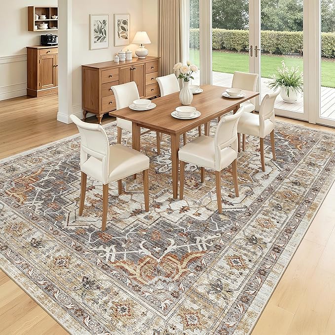 Madane Washable Rug 8x10 Area Rugs for Living Room, Ultra-Thin Non-Slip Backing Rug, Stain Resistant Vintage Large Area Rug for Bedroom (Turmeric/Grey, 8'x10')
