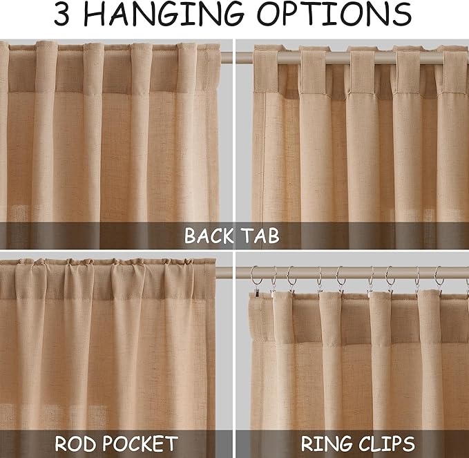 Nanspring Camel Linen Curtains 63 Inches Length 2 Panels Set for Living Room Back Tab Pocket Light Filtering Semi Sheer Drapes Modern Farmhouse Cotton Linen Textured Window Curtain 52X63 Inches