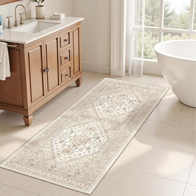 2x5 Rug Runner Washable for Entryway, Soft Bathroom Rugs with Non-Slip Backing,Vintage Low Pile Stair Runner, Small Kitchen Carpet for Hallways, Laundry Room(Cream/Beige,2'x5')