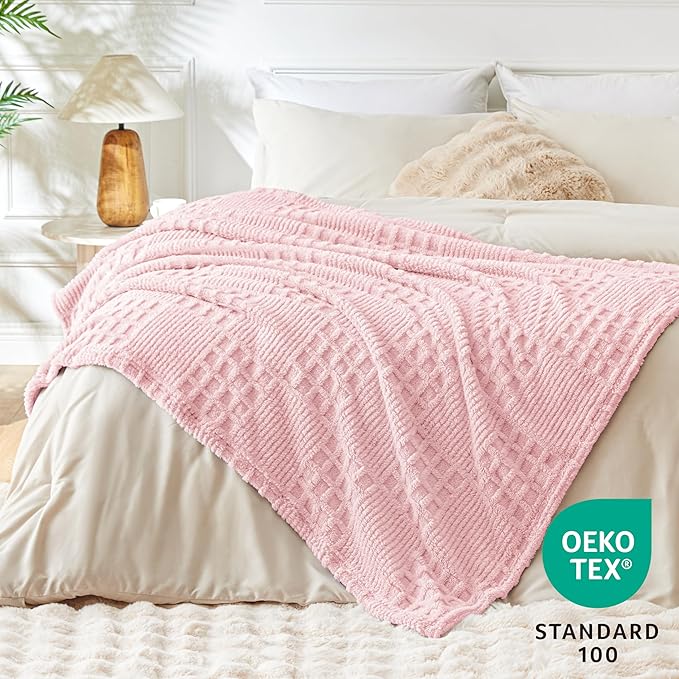 EXQ Home Fleece Throw Blanket for Couch or Bed - 3D Waffle Patchwork Pattern Jacquard Decorative Blankets - Cozy Soft Fuzzy Flannel Blanket Suitable for All Seasons(50"×60",Pink)