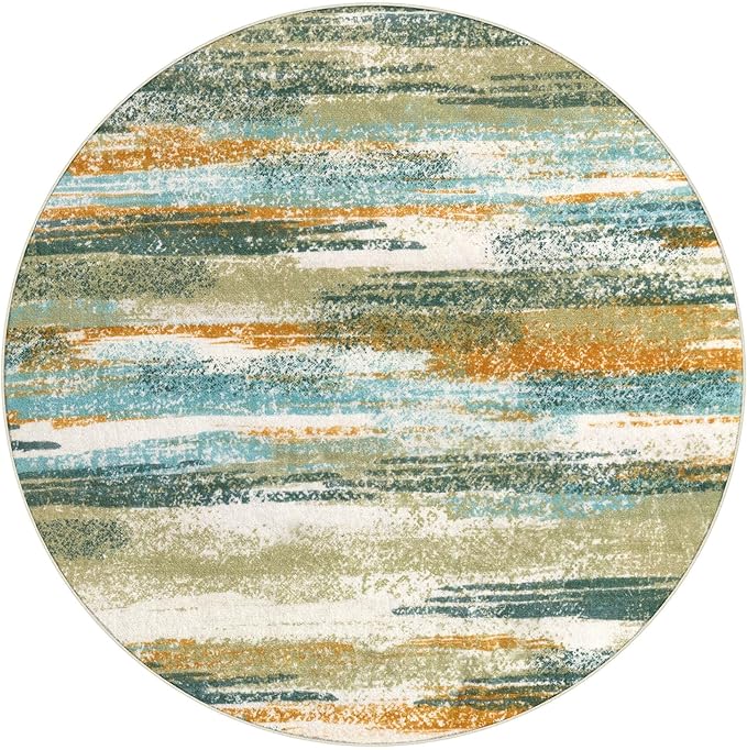 Lansny Modern Abstract Round Rug 6Ft, Green Mustard Multi Washable Non-Slip Circle Rug, Soft Circular Dining Room Rug Thin Print Faux Wool Carpet for Bedroom Living Room Office Playroom