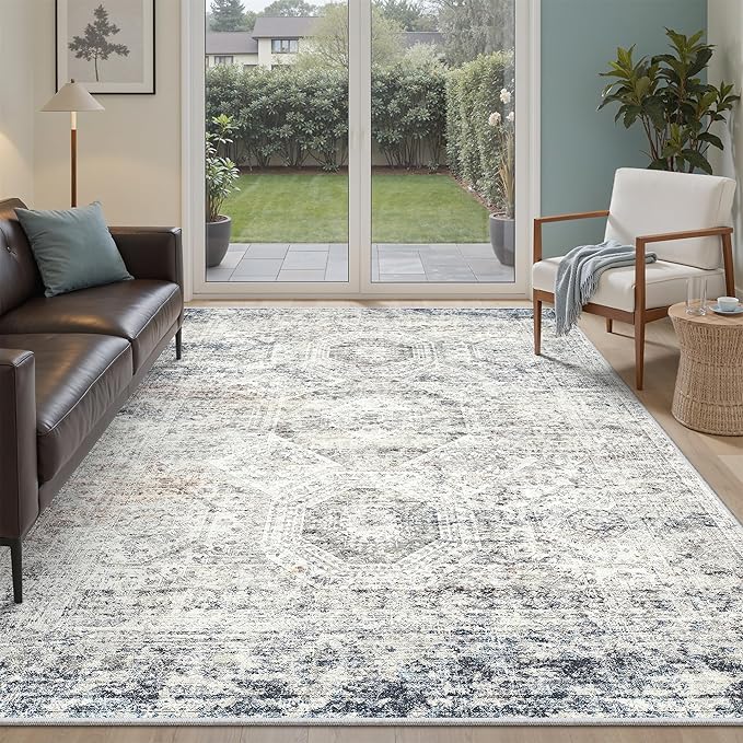 6x9 Area Rug for Living Room Washable 6x9 Non-Slip Modern Rugs for Bedroom Dinning Room Ultra-Thin Indoor Blue Ivory