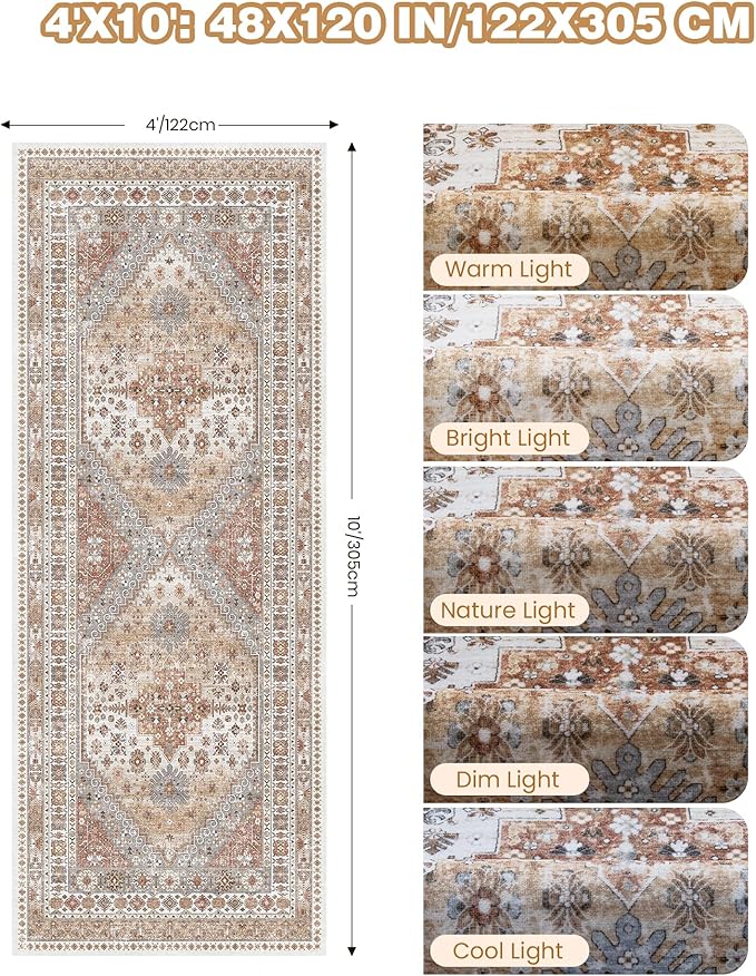 4x10 Runner Rug, Washable Hallway Runner Rug with Non-Slip Backing, Low Pile Wide Runner for Living Room, Entryway, Kitchen, Soft Vintage Home Decor Mat for Dining Room(Orange,4'x10')