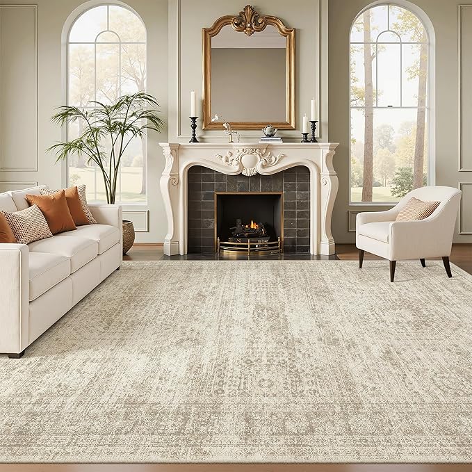 Washable Area Rug 8x12, Large Soft Rugs for Living Room Vintage Beige Carpet 8x12 Area Rugs for Bedroom Dining Room Non-Slip Stain Resistant Under Table Rug