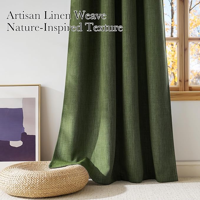 NICETOWN Short Faux Linen Froest Green Blackout Curtains 63 inches Long for Kitchen - Privacy Panels for Living Room Bedroom, Modern Farmhouse Style Easy Care Grommet Top, 2 Panels, W42 by L63