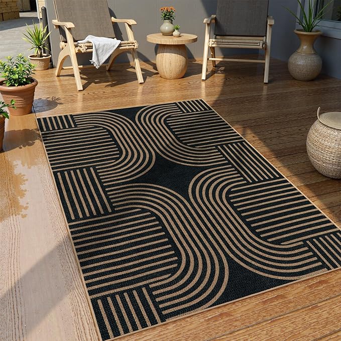 Lahome Enfys Modern Geometric Outdoor Easy Jute Rug, 3x5 Indoor Outdoor Rugs for Entryway Black Living Room Carpet, Farmhouse Washable Non Slip Carpet for Patio Courtyard Bedroom