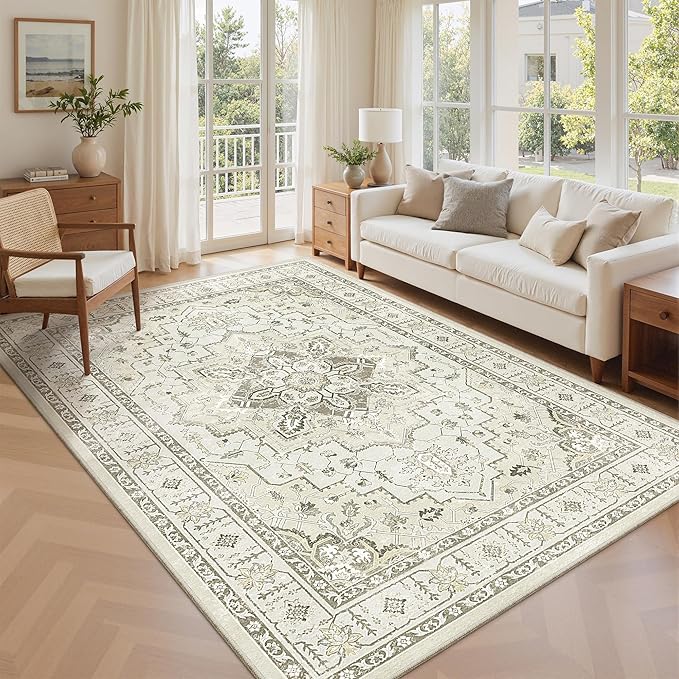 zesthome 5x7 Area Rugs, Machine Washable Rugs for Living Room, Bedroom,Stain Resistant Vintage Large Area Rug,Non-Slip Medallion Pattern Home Decor Rugs (Beige,5'x7')