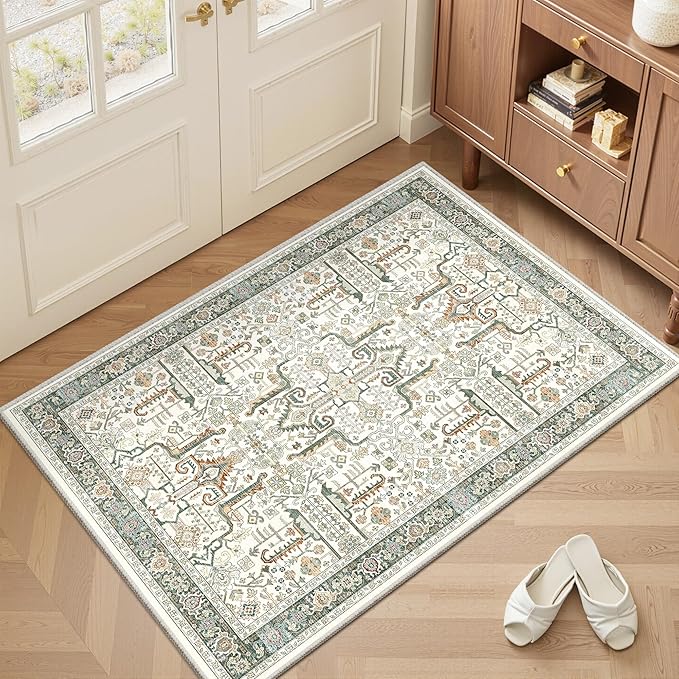 Washable 2x3 Entryway Area Rug - Small Non Slip Vintage Kitchen Runner Rugs Indoor Entrance Soft Neutral Stain Resistant Bathroom Mat Farmhouse Carpet for Bedroom Living Room Entry Laundry 2'x3' Green