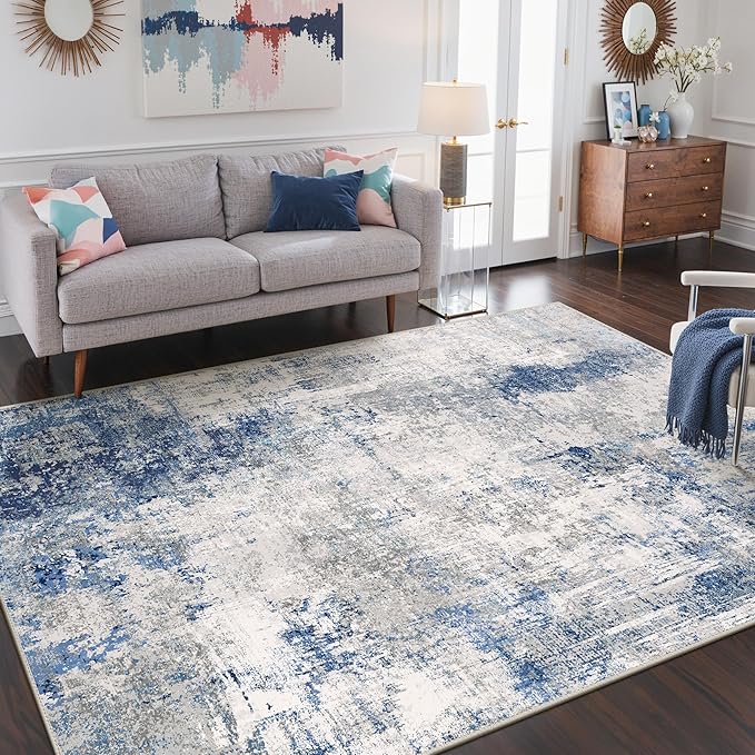 BEIMO Area Rugs 8x10 for Living Room Bedroom, Modern Abstract Machine Washable Rug, Large Soft Low Pile Floor Carpet with Non Slip Backing for Dining Room, Blue