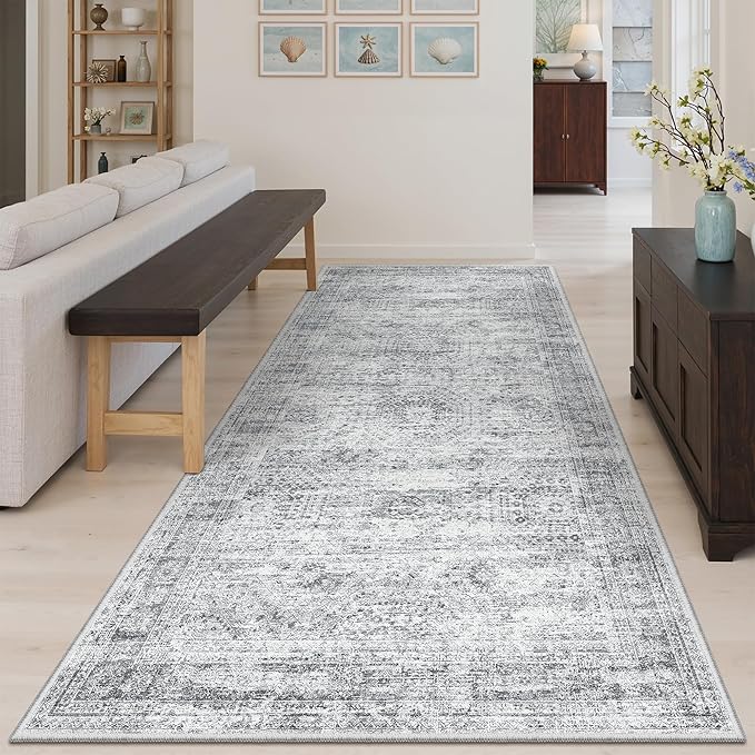 Hallway Runner Rug 4x8 Wide: Washable Thin Runners for Hallways Entry, Non Slip Soft Vintage Kitchen Area Rugs for Living Room Bedroom Dining Room Foyer (Grey, 4x8)
