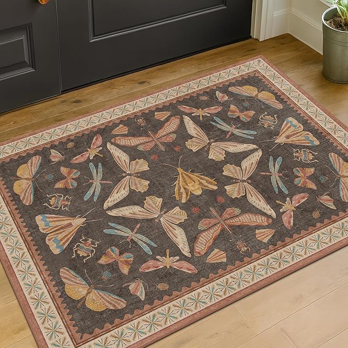 Vintage 2x3 Entry Way Rugs Indoor, Stain Resistant Washable Kitchen Rugs Non Slip, Small Soft Carpet for Bathroom, Powder Room, Insect Boho Indoor Décor, Low Pile & Stain Resistant (Orange and Brown)