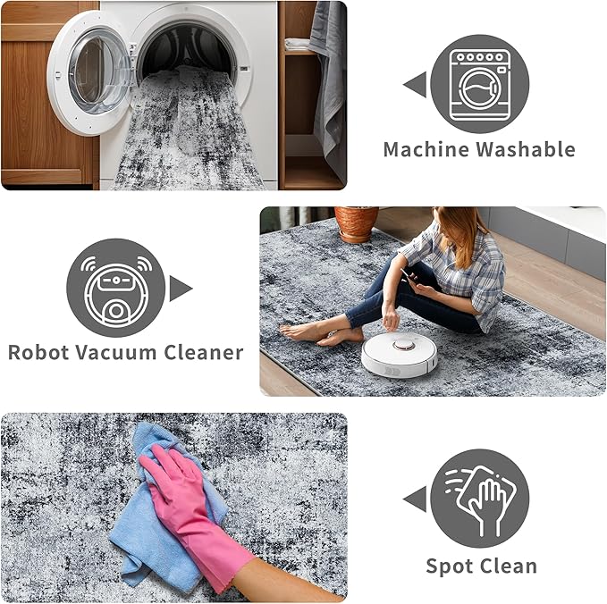 3x12 Washable Hallway Runner Rug: Non Slip Carpet Runners Easy-to-Clean - Soft Living Room Bedroom Kitchen Rugs - Thin Low Pile Printed Floor Mat for Dining Room Neutral Black Grey