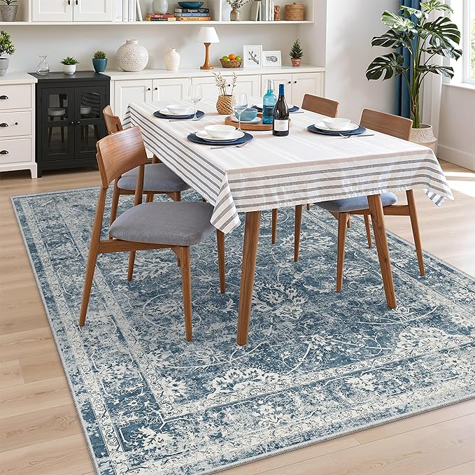 Madane 8x10 Area Rugs for Living Room, Machine Washable Vintage Rug with Non-Slip Backing, Soft Floral Print Large Throw Rugs, Thin Carpet for Bedroom Dining Room Farmhouse (8 x 10, Cadet Blue)