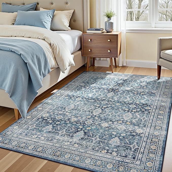 Lofus 6x9 Area Rug for Living Room,Blue Washable Area Rugs with Non-Slip Backing,Soft Boho Carpets for Bedroom Dining Room Home Office Indoor Nursery