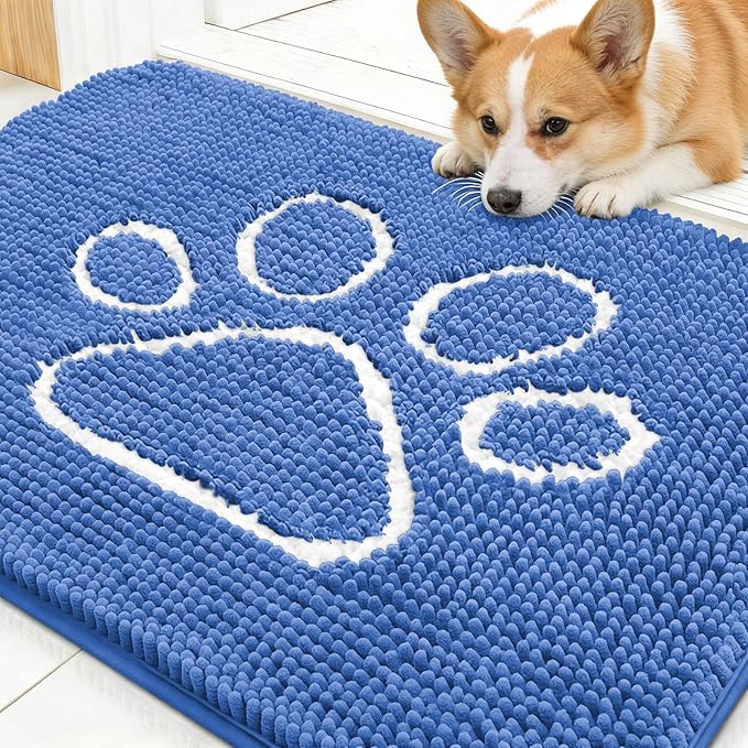 OLANLY Dog Door Mat for Muddy Paws 30x20, Paw Print Design, Absorbs Moisture and Dirt, Absorbent Non-Slip Washable Doormat, Quick Dry Chenille Mud Mat, Entry Indoor Entryway Carpet, Cornflower Blue
