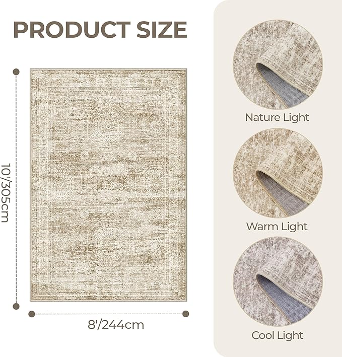 8x10 Area Rugs for Living Room, Non-Slip Backing Large Washable Rug for Nursery Room, Vintage Abstract Bedroom Rugs, Thin Indoor Home Decor Soft Farmhouse Rug (8'x10', Brown/Ivory)