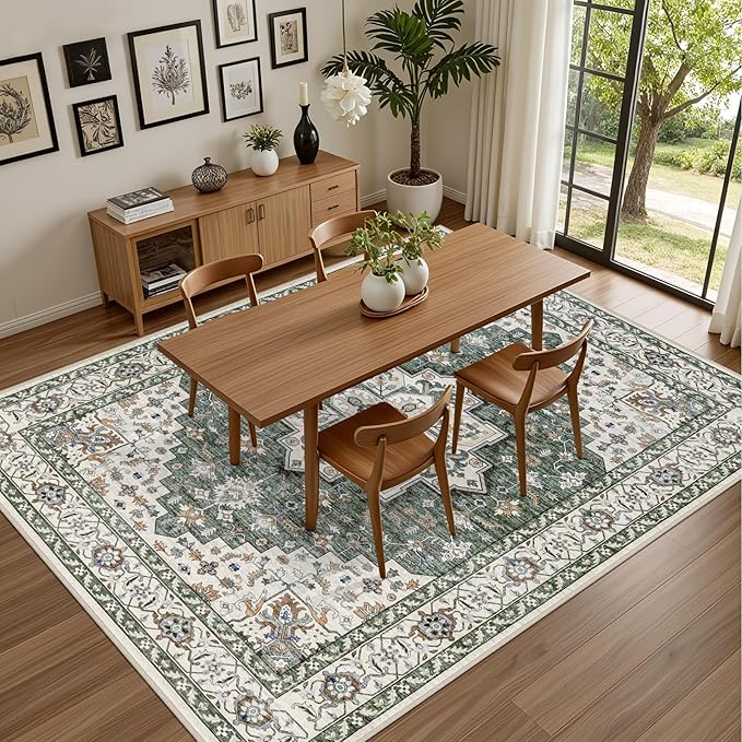 3x5 Area Rugs Living Room Rug: Washable Vintage Boho Medallion Rug No Slip Stain Resistant Soft Carpet Indoor Large Carpets for Bedroom Dining Room Farmhouse Nursery Hallway Home Office Green Ivory