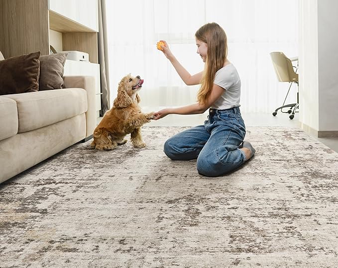 UERMEI 8x10 Area Rug Living Room Rugs - Washable Neutral Modern Abstract Soft Thin Large Rug Indoor Floor No Slip Rug Carpet for Bedroom Under Dining Table Home Office Decor - Dark Brown