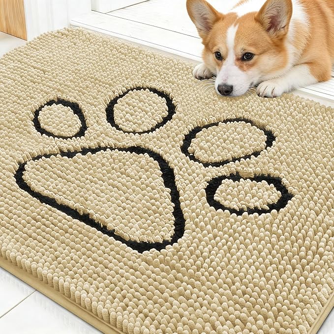 OLANLY Dog Door Mat for Muddy Paws 30x20, Paw Print Design, Absorbs Moisture and Dirt, Absorbent Non-Slip Washable Doormat, Quick Dry Chenille Mud Mat for Dogs, Entry Indoor Entryway Carpet, Sand