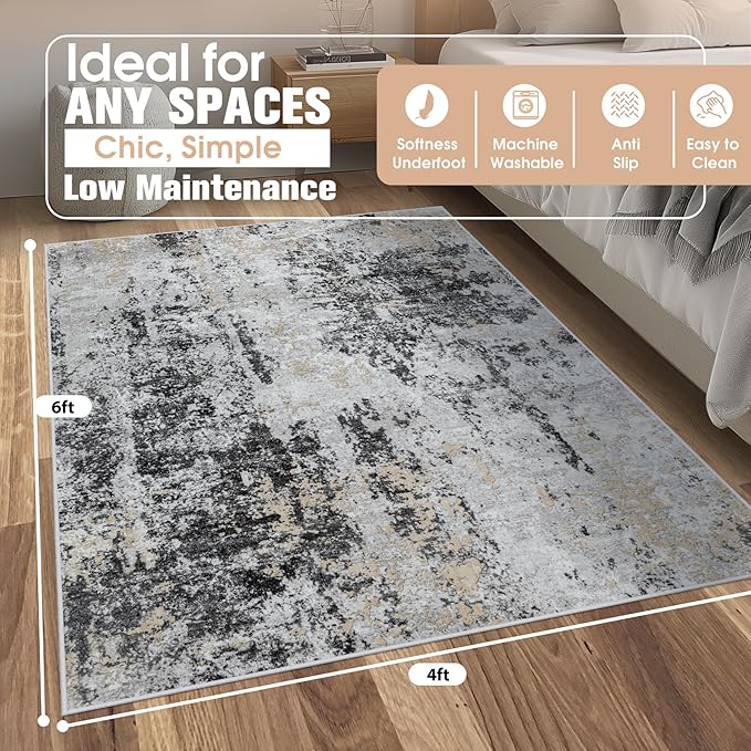 4x6 Area Rugs for Living Room Rug Washable: Abstract Rug for Dining Room Bedroom Carpet Non Slip 4 by 6 Indoor Modern Nursery Home Office Black Grey Gold