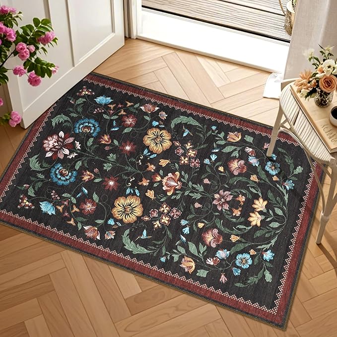 GarveeHome Floral Rug for Entryway 2x3 Rugs Machine Washable Boho Small Area Rug Non-Slip Low-Pile Front Door Soft Mat for Entrance, Bedroom, Kitchen, Laundry, Bathroom, Red
