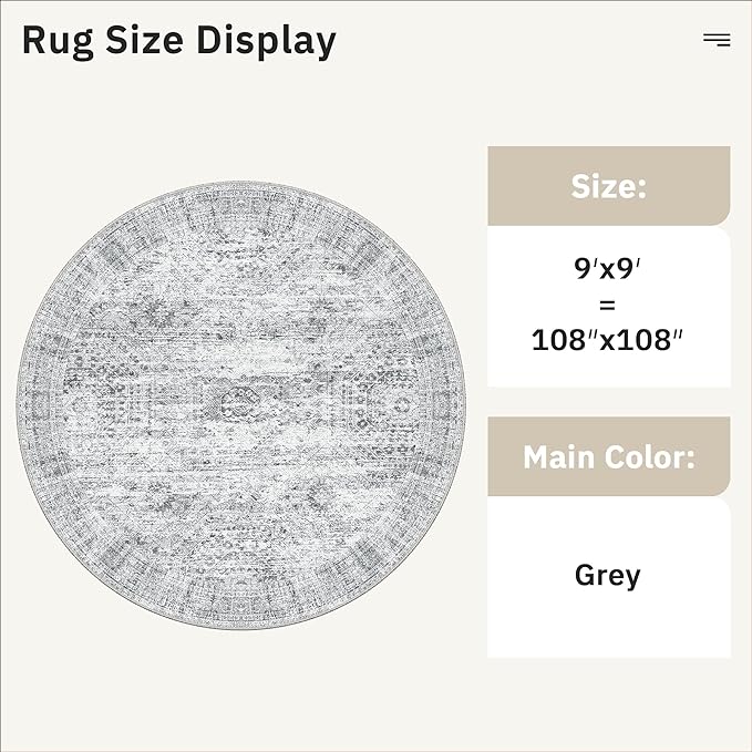 Soalmost 9x9 Grey Round Rug 9ft Living Room Circle Rug Vintage Round Area Rug Non Slip Indoor Carpet for Apartment